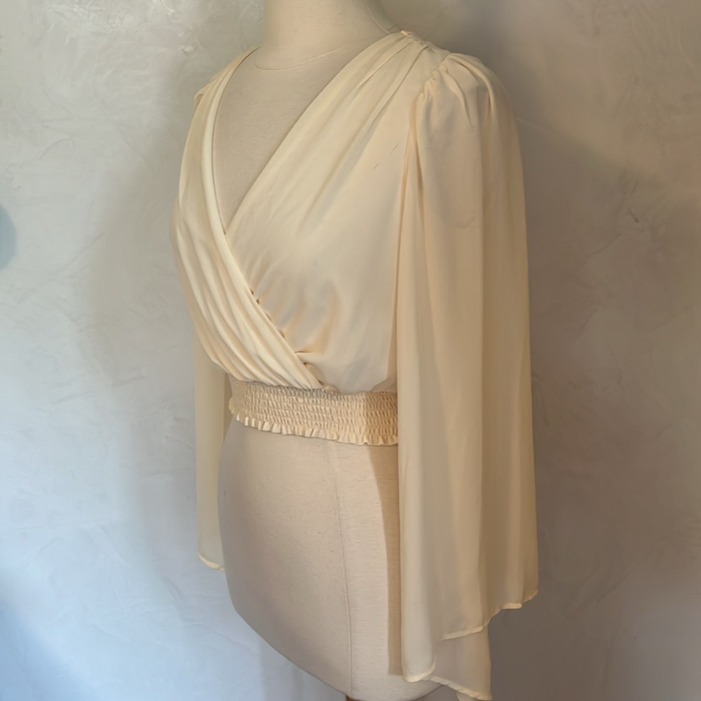 lulus Aura Ivory Smocked Long Flutter Sleeve chiffon top w/elastic waist Size S - Picture 7 of 10